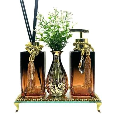 Imagem de Kit Lavabo Luxo Square Preto e Rose – Aromatizador de Ambiente, Saboneteira e Varetas Decorativas – Banheiro e Lavabo Elegante (DOURADO)
