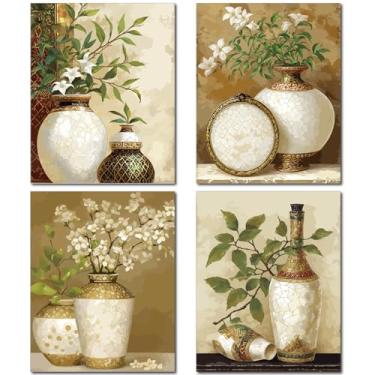 Imagem de 4 peças plantas verdes em vaso arte de parede impressões vintage pôster em tela folhas imagens decorações de parede arte de parede óleo de fibra química para casa sala de estar decoração de banheiro