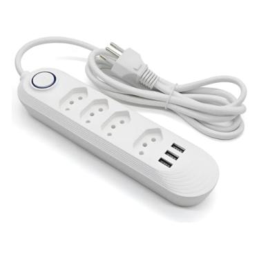 Imagem de Filtro de Linha Premium, 4 Tomadas com 3 USB, Cabo 2m, Bivolt, Protetor contra Surtos, Botão Liga/Desliga, Branco, 22,5x5,5cm, Potência 2500W