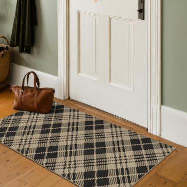 Imagem de JTJ Tapete de corredor vintage de entrada interna 5 x 10 cm - Tapete de tecido de juta fácil para área interna, cozinha, quarto, lavável de pelo baixo, decoração clássica preta e branca