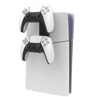 Imagem de Monzlteck Controle duplo e suporte de fone de ouvido para PS5 Slim/Pro - suporte de parede de metal sem parafusos, armazenamento lateral, design com economia de espaço para organização de configuração
