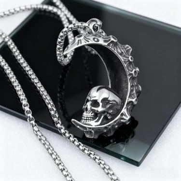 Imagem de Colar com pingente de caveira gótica, retrô, vintage, lua crescente, colar gótico, joia de Halloween, One Size, Aço inoxidável, Sem Pedra Preciosa