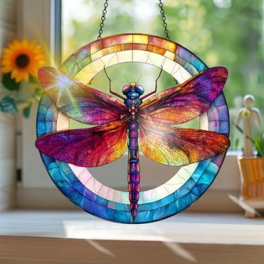 Imagem de Acrílico colorido Suncatcher, apanhador de sol estilo vitral impresso libélula com reflexos de arco-íris, decoração de janela suspensa, decoração de parede, ornamentos de Natal para uso interno e