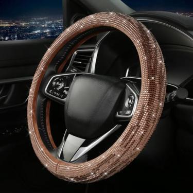 Imagem de Capa de volante feminina com diamantes brilhantes, capas de volante fofas de couro com strass de cristal, respirável, antiderrapante, ajuste universal, acessórios de carro de 38 cm, D