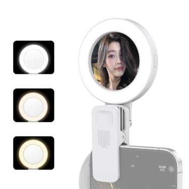 Imagem de Anel de Luz para Selfie Clip-on Celular com Espelho 3 Modos Níveis Brilho 180 Rotativo Bateria Integrada Preenchimento Portátil Smartphone Android Conferência Vídeo Vlog Transmissão ao Vivo Maquiagem