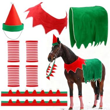 Imagem de Soulchen Conjunto de acessórios de fantasia de cavalo de Natal com 9 peças para cavalos usarem, inclui capa macia de cavalo de Papai Noel, capas ajustáveis, capa de rédea e cachecol para férias de