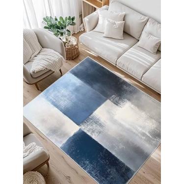 Imagem de Tapetes laváveis azul branco bloco de cores tapete de sala de estar com suporte antiderrapante TPR grande tapete macio para quarto, casa, escritório, sala de jantar, decoração abstrata, geométrico