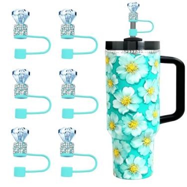 Imagem de JIASHEBDE Conjunto de topo de palha de diamante para Stanley Cup 850 g 1,134 g, tampas de strass brilhantes, capas de silicone reutilizáveis à prova de poeira para presentes femininos (6 peças ciano)