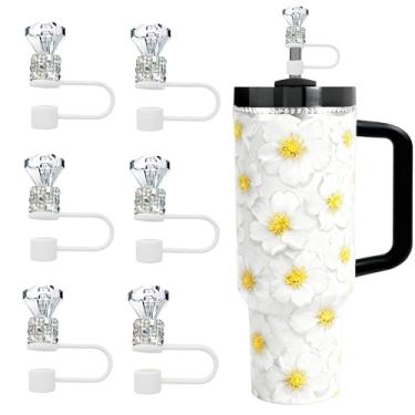 Imagem de JIASHEBDE Conjunto de topo de palha de diamante para Stanley Cup 850 g 1,134 g, tampas de strass brilhantes, capas de silicone reutilizáveis à prova de poeira para presentes femininos (6 peças brancas