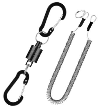 Imagem de VQORAHUIX Rede magnética de liberação de rede de pesca com mosca retrátil chaveiro magnético, para pesca com mosca com cordão retrátil em espiral mosquetão