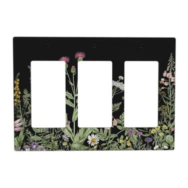 Imagem de SgEdao Capas decorativas florais vintage com cardo, margarida e folhas verdes sálvia, placa de parede de 3 gangues, capas de interruptor de luz triplo para banheiro, cozinha, decoração de casa