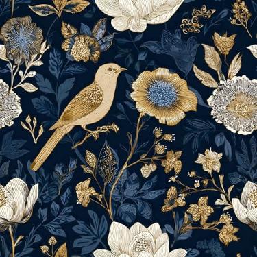 Imagem de MAGAFA Papel de parede floral dourado e branco para contato com pássaros marrom claro e fácil de remover autoadesivo removível para gaveta de armário de cozinha 45 x 300 cm