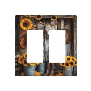 Imagem de BHGAHD Capas de tomada decorativas com chapéu de girassol ocidental design de porta de celeiro de madeira placa de parede de 2 gangues capa de interruptor duplo placa de interruptor duplo placa