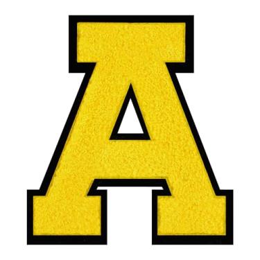 Imagem de 1 peça de patch amarelo de 15 cm de ferro em chenille com borda preta – adesivos do alfabeto para roupas, jaquetas, mochilas, chapéus para decoração personalizada, nome personalizado e artesanato. (A)