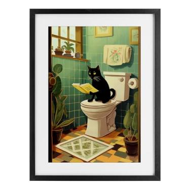 Imagem de Stupell Industries Impressão emoldurada preta para leitura de gato no vaso sanitário, design de Andreas Magnusson, 23 x 17