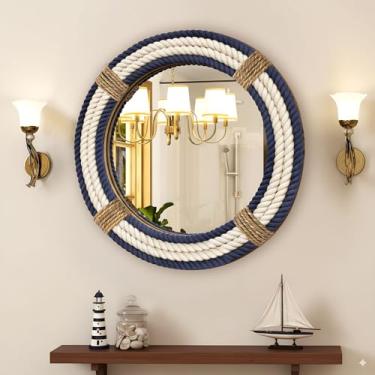 Imagem de Vercraft Espelho náutico costeiro decoração de parede de 40,6 cm com acabamento em corda e laço para pendurar círculo redondo espelho náutico boho rústico decorativo para sala de estar, quarto azul e