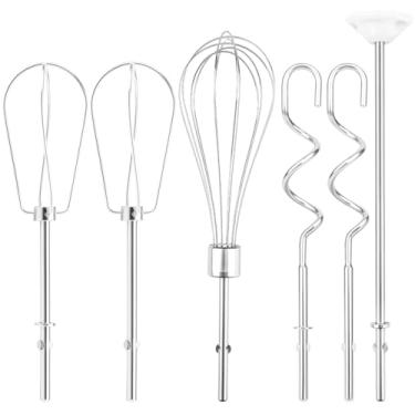 Imagem de Conjunto de 6 acessórios de batedeira manual, batedor, haste de mistura e ganchos de massa, acessórios de batedeira manual de aço inoxidável compatíveis com batedeiras manuais Kitchenaid KHM3 KHM5