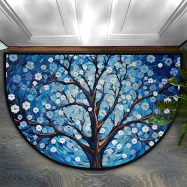 Imagem de Tapete de porta meio redondo, árvore azul, pintura antiderrapante, absorvente, semicírculo, tapetes laváveis, para ambientes internos e externos, pátio, cozinha, banheiro, entrada, lareira, decoração