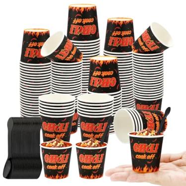 Imagem de Galaton 100 peças de decorações de festa Chili Cook off incluem mini copos de papel descartáveis de 85 g Copos de amostra de alimentos e colher de plástico para decorações de chili Cook off