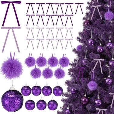 Imagem de Poen 64 peças de enfeites de Natal, 16 bolas de Natal e 48 laços de árvore de veludo, enfeites de bola de Natal de 6,9 cm, laço de guirlanda vintage para festa de Natal, árvore e suprimentos