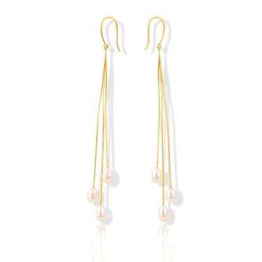 Imagem de Altitude Boutique Brincos de gota de pérolas de água doce | Pérolas cultivadas AAA de 6 x 7 mm em ganchos banhados a ouro 14K ou ródio | Brincos femininos de gota de pérola tripla em camadas, 2.5-3in