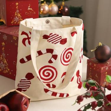 Imagem de Perseverance Trade Sacola feminina de lona de Natal com fivela magnética e bolso interno bordada, bengala doce, presente de Feliz Natal, reutilizável, sacola de compras de mercearia para férias de