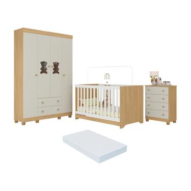 Imagem de Quarto De Bebê Completo Berço Americano 3 Em 1 Colchão Fofura Multimóveis MP4665 Madeirado-off White