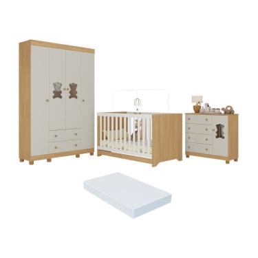 Imagem de Quarto De Bebê Completo Berço Americano 3 Em 1 Colchão Fofura Multimóveis MP4661 Madeirado-off White