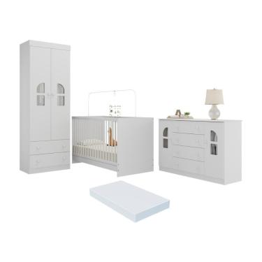 Imagem de Quarto De Bebê Completo Com Berço 3 Em 1 Com Colchão Incluso Amora Multimóveis MP4577 Branco