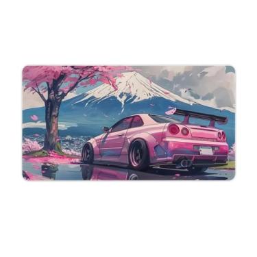 Imagem de HouLaiZhe JDM R34 rosa com flores de cerejeira e montagem Fuji Gaming Mouse Pads JDM Car Desk Pads Grandes Mousepads para teclado desktop computador Mat40X75cm