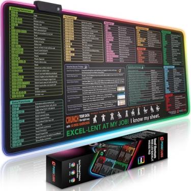 Imagem de Mouse pad de LED com teclas de atalho do Excel – Mouse pad grande colorido RGB luminoso estendido para jogos | PC Office Spreadsheet Keyboard Mat| Borda costurada antiderrapante