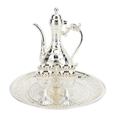Imagem de Zerodis Conjunto de chá Turco, Bule de Metal Vintage Com 4 Xícaras, Design Elegante para Casa e Reuniões (Prata)