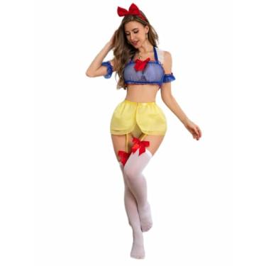 Imagem de wevgbv Lingerie feminina de Halloween – lingerie cosplay feminina, lingerie, cosplay, faixa de cabeça vermelha com laço vermelho, conjunto de minissaia com meias, 7 peças, B(M)