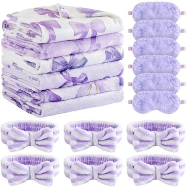 Imagem de Fanfanwin 18 peças de artigos de festa do pijama para meninas, 6 mantas de laço roxo fofo, 6 faixas de cabeça de lã coral, 6 máscaras roxas de pelúcia para os olhos para dormir, festa de spa, presente