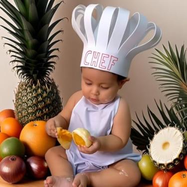 Imagem de Acessórios para fotografia de recém-nascidos, roupas de chefe de cozinha, conjunto de avental de chapéu de chef, acessório para sessão de fotos para bebês meninos e meninas (branco, M (3 a 12 meses)