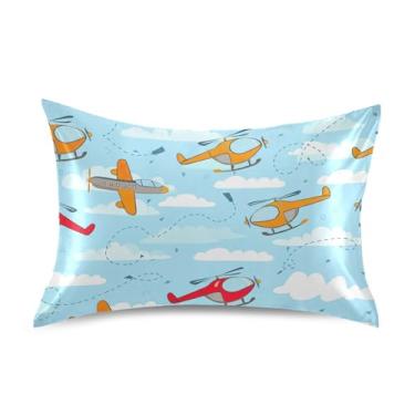 Imagem de Fronhas de travesseiro floral bonito avião helicóptero céu azul cetim refrescante king queen fronha padrão animal decoração de casa roupa de cama tamanho Queen 76.2 cm x 50.8 cm
