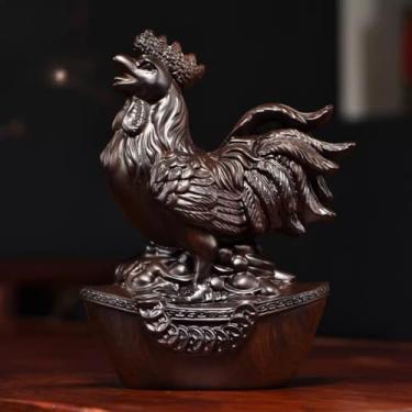 Imagem de FENNYYAR Estátua de animal de galo do zodíaco chinês esculpida à mão em madeira de ébano, 15 cm, decoração de decoração de mesa de mascote para casa