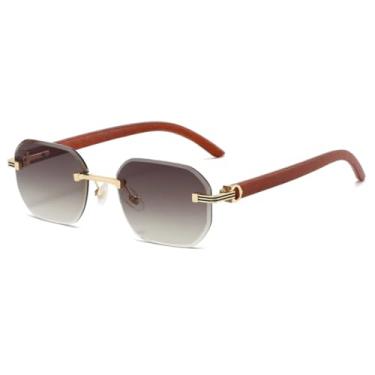 Imagem de Óculos de Sol Hexagonais Sem Aro, Unissex, Estilo Fashion, Hastes com Textura de Madeira, Formato Quadrado (Cinza Chá)