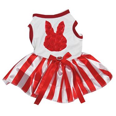 Imagem de Petitebella Vestido de algodão branco com estampa floral e rosto de coelho (Tutu listrado vermelho, PP)