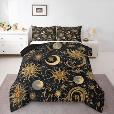 Imagem de jejeloiu Conjunto de cama macio para meninos e meninas, boêmio, solteiro, estrelas, solares, galáxia, edredom de microfibra cósmica, decoração de quarto, 2 peças com 1 fronha