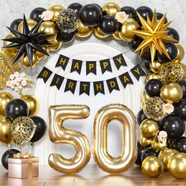 Imagem de 54 peças de decorações de aniversário de 50 anos para homens e mulheres, balão preto e dourado, grande número 50 fabuloso, decorações de festa com balões de estrela com faixa de feliz aniversário de