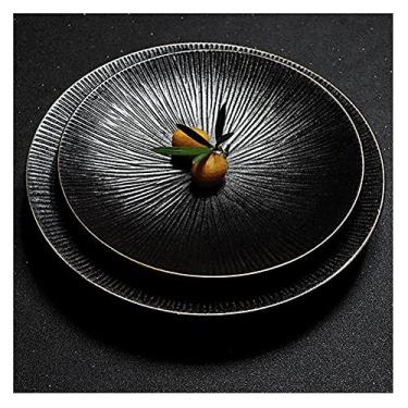 Imagem de Prato de jantar pratos de jantar de porcelana preta fosca redondos com borda dourada pratos de sobremesa de cerâmica para bife, salada, bife e macarrão, conjunto para 2 pratos de jantar (cor: preto