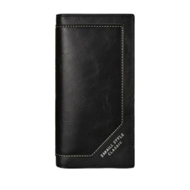 Imagem de Carteira masculina ultrafina de couro longo com parte superior aberta, organizador retrô de grande capacidade com bolso para telefone, vários compartimentos para cartões e bloqueio RFID (preto)