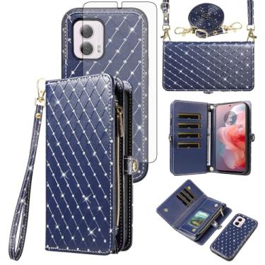 Imagem de Capa de celular para Motorola Moto G Power 5G 2024 com zíper carteira destacável com protetor de tela de vidro temperado alça transversal alça flip glitter porta-cartão slot G5 mulheres meninas azul