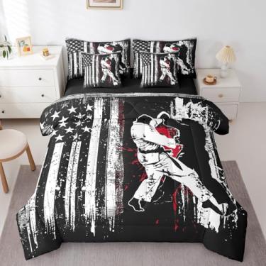 Imagem de Manfei Conjunto de edredom de jiujitsu, 7 peças, estampa da bandeira americana, cama esportiva de judô japonês em uma bolsa com edredom, lençóis e fronhas, decoração de quarto de crianças