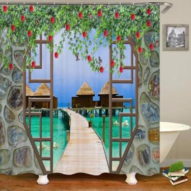 Imagem de Cortina de chuveiro impermeável para banheiro, 3D, montanha, jardim, litoral, linda estampa de paisagem, cortina de decoração de casa, 175 x 213 cm/LxA, cortinas de chuveiro