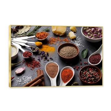 Imagem de NHLDZYH Moldura dourada. Tela decorativa cozinha, arte vintage especiarias coloridas, arte de parede quadros para sala de estar quarto cozinha. C87. 50x75cm