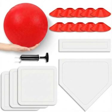 Imagem de Hiboom Conjunto de 16 peças de kickball esportivo inclui bola de playground de 25 cm, 5 bases de borracha para baixo, bomba de bola 10 cones de linha suja para crianças, adultos, playground, escola,