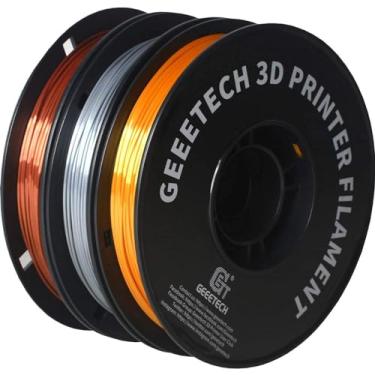 Imagem de Geeetech Pacote de filamento PLA de seda 1,75 mm para impressora 3D, consumível brilhante semelhante a metal, pacote com 3 carretéis, 0,5 kg/carretel, precisão dimensional +/- 0,03 mm, prata metálica + cobre + ouro