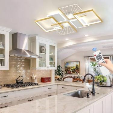 Imagem de Luminária de teto inteligente de caixa grande de 35,43 polegadas, dimerizável, moderna, LED, com controle remoto, estrutura em metal e acrílico, ideal para sala de estar, quarto e cozinha (B